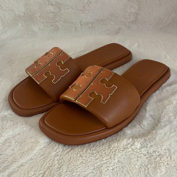 TORY BURCH Double T Logo Sport Leather Slide Sandal Aged Camello/Gold Size: 9 - Picture 4 of 16